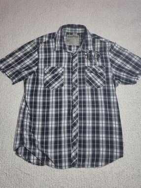 Machine Black and Gray Plaid Short-Sleeve Button-Down Shirt